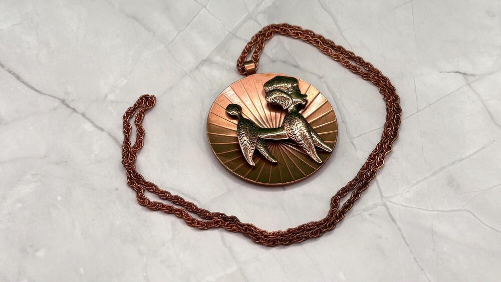 Vintage 50s Bell Trading Post Solid Copper Poodle Pendant Necklace Sunburst 2.5"